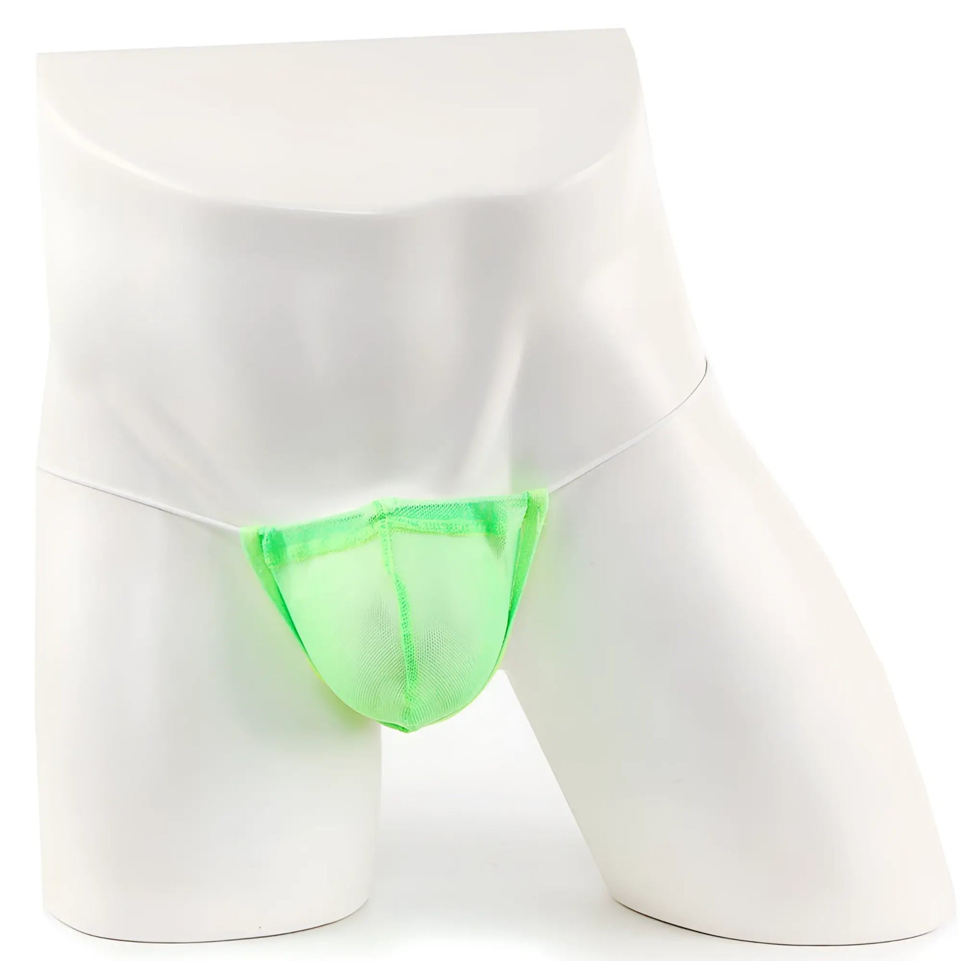 Bright neon green microfiber mesh briefs by MetroMaleWear displayed on a white mannequin front view