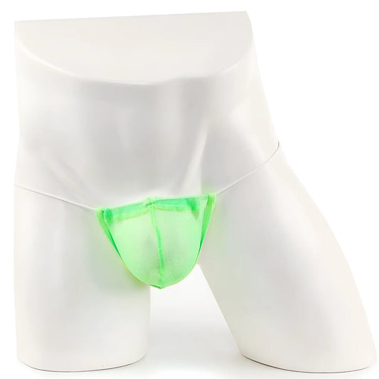 Bright neon green microfiber mesh briefs by MetroMaleWear displayed on a white mannequin front view