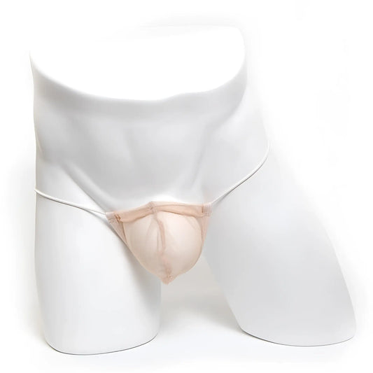 Beige microfiber mesh thong with thin white elastic straps from MetroMaleWear microfiber G Nude 2015-01 collection