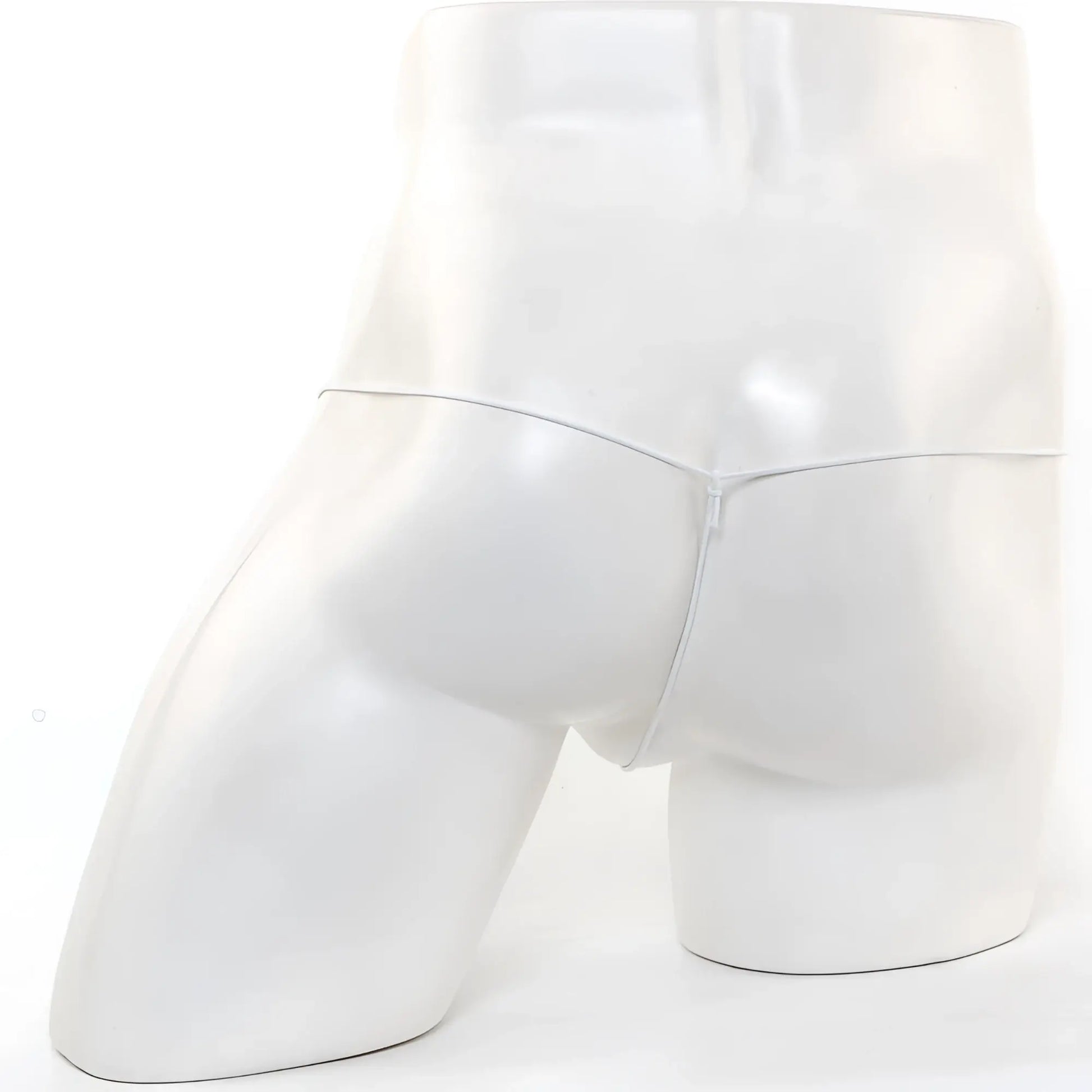 White glossy mannequin torso wearing MetroMaleWear microfiber white briefs with a thin center zipper and orange mesh detailing