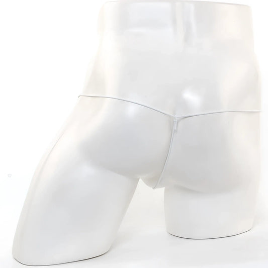White glossy mannequin torso wearing MetroMaleWear microfiber white briefs with a thin center zipper and orange mesh detailing