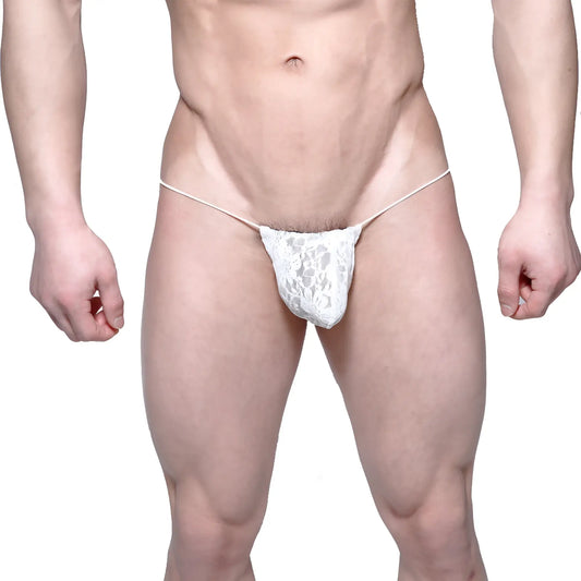 White lace thong with thin straps made of microfiber from metromalewear model 2015-50 in white color