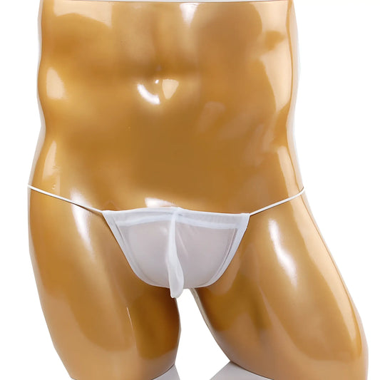 White sheer mesh thong with thin waistband and small front panel by metromalewear microfiber g white mesh 2015-45