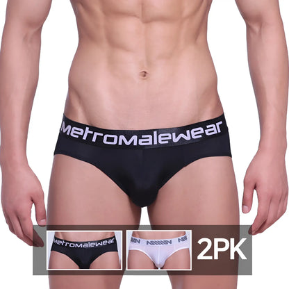 Black microfiber mens briefs with white metromalewear logo on waistband metro male wear micro brief 2pk