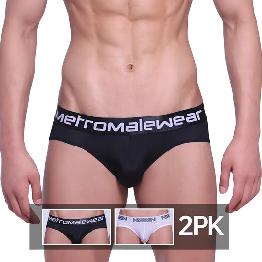 Black microfiber mens briefs with white metromalewear logo on waistband metro male wear micro brief 2pk