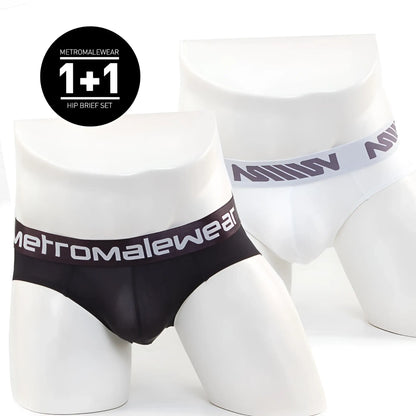 Black and white microfiber metroMalewear hip briefs with branded elastic waistbands showing the front side