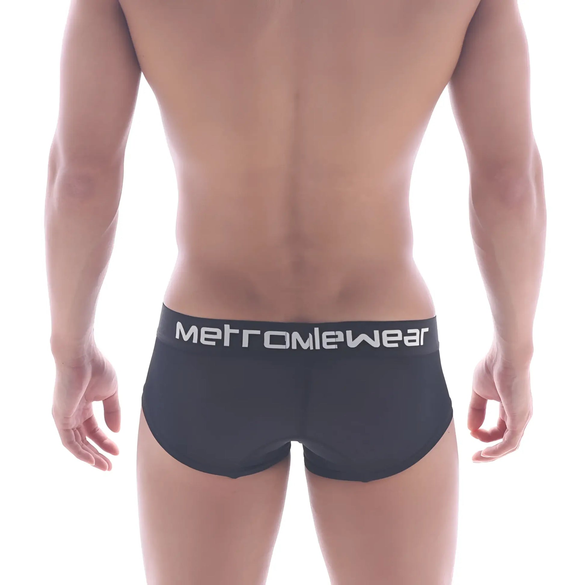 Black metromiewear microfiber mini boxer briefs with white logo band model 7013-71 front view