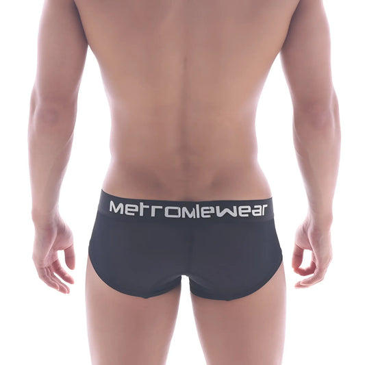 Black metromiewear microfiber mini boxer briefs with white logo band model 7013-71 front view