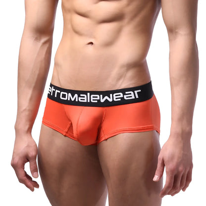 Bright orange microfiber men’s briefs with a black waistband and metromalewear logo metroMalewear coral 7013-13