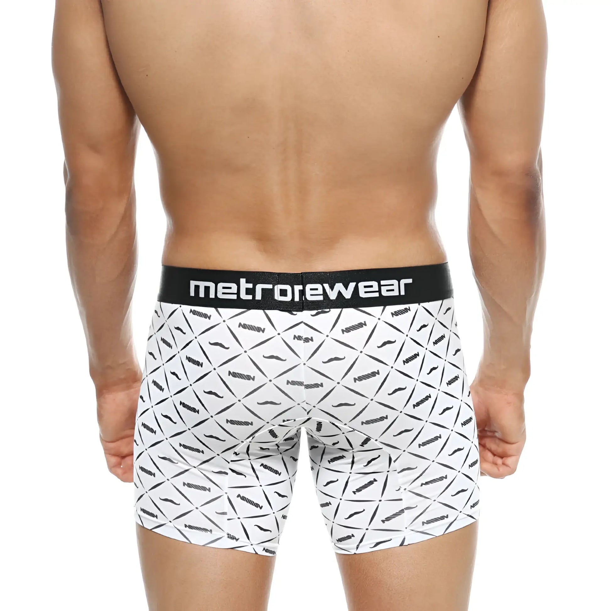 White boxer briefs with black geometric mustache pattern and metrowear branded waistband metroMalewear mid boxer 10 inch