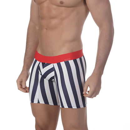 MetroMaleWear mid boxer tension 10 inch 2023-41 navy and white striped men’s boxer briefs with red waistband