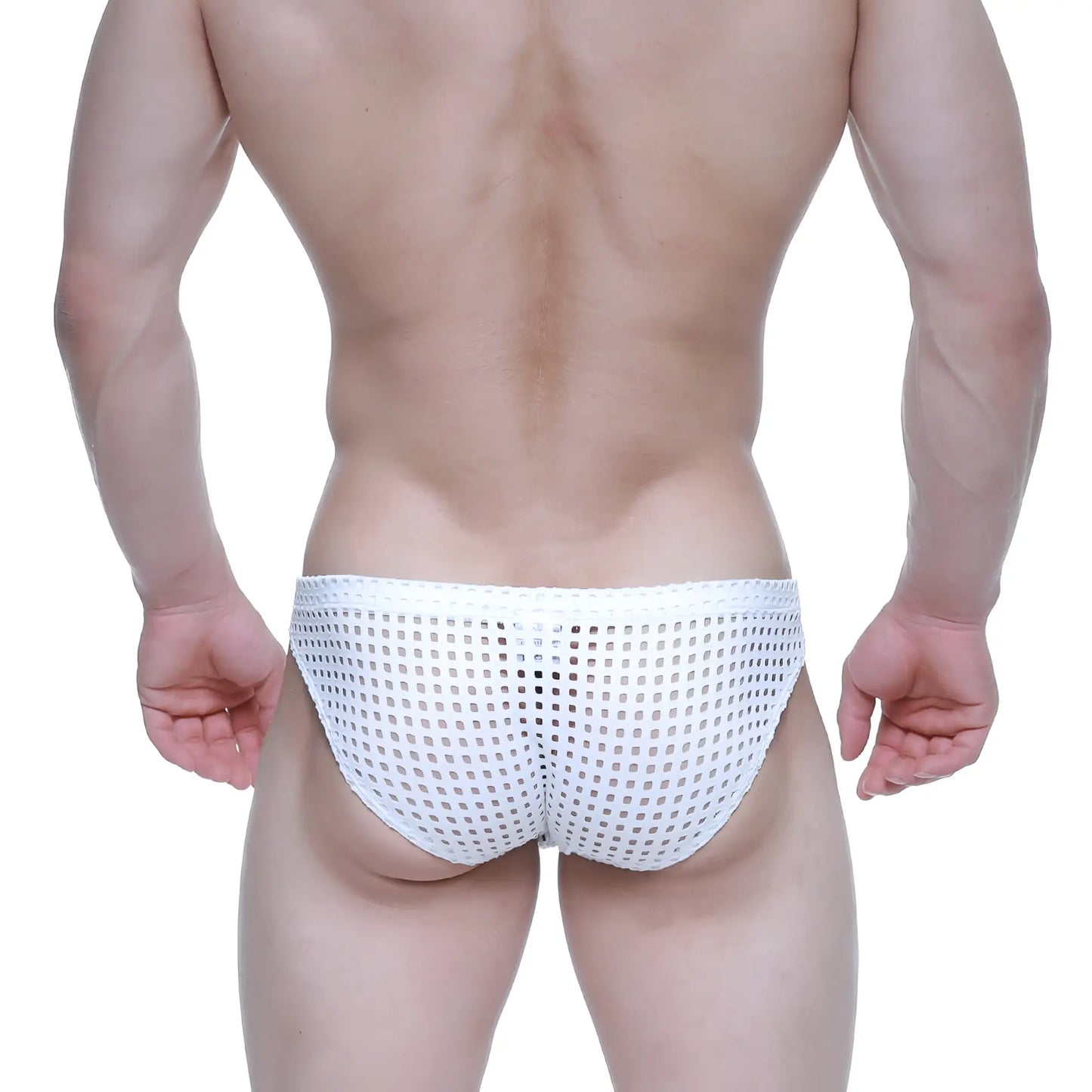 White mesh briefs with a grid-like pattern from metromalewear mild bikini 5103-m66 for comfortable everyday wear