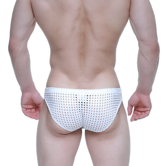 White mesh briefs with a grid-like pattern from metromalewear mild bikini 5103-m66 for comfortable everyday wear