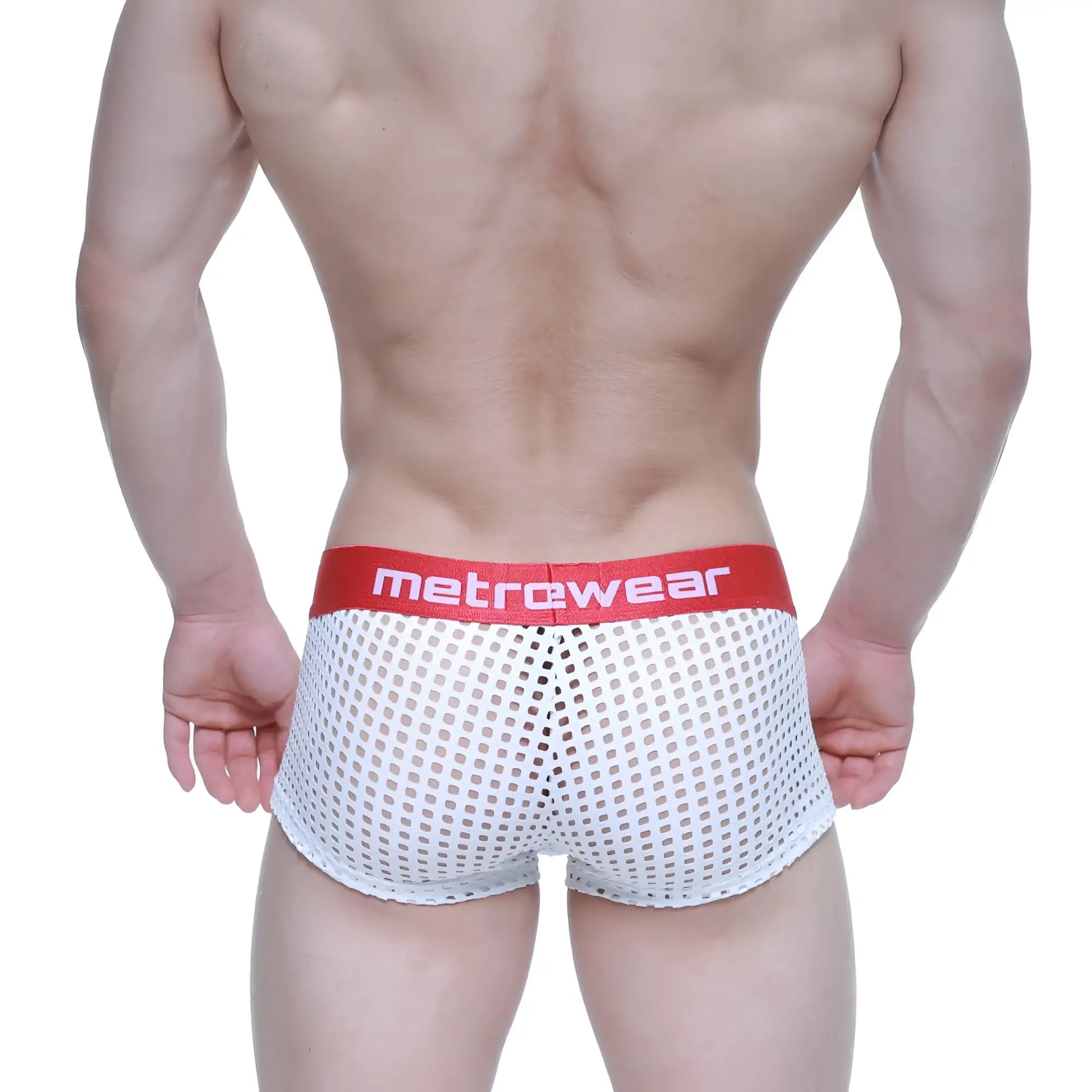 White mesh briefs with a red metrowear logo waistband from MetroMaleWear mild short boxer 2026-67 collection