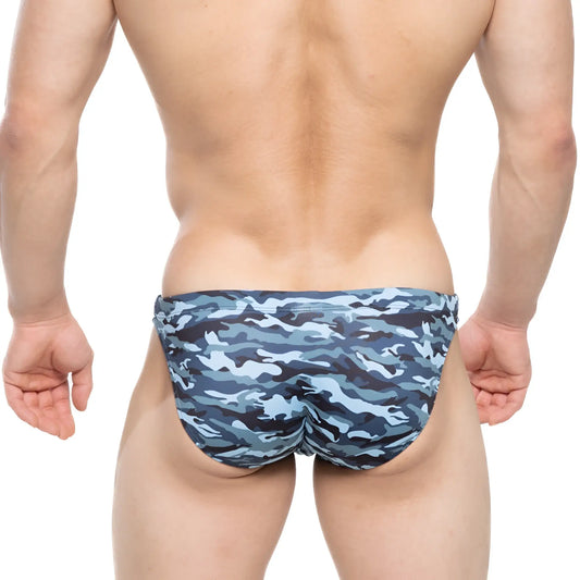 Metro male wear military swim bikini navy 4937-92 blue and gray camouflage patterned swim trunks front view