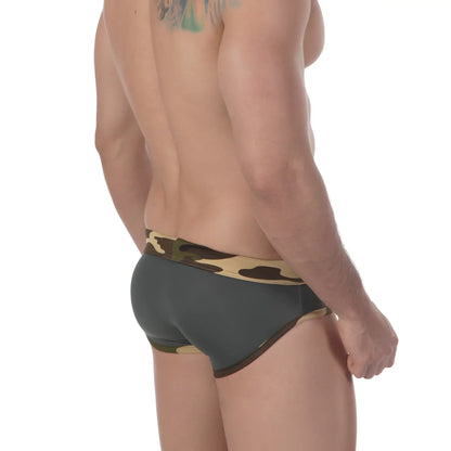 Dark gray briefs with camouflage waistband and trim metro male wear military swim brief 4916-26 front view