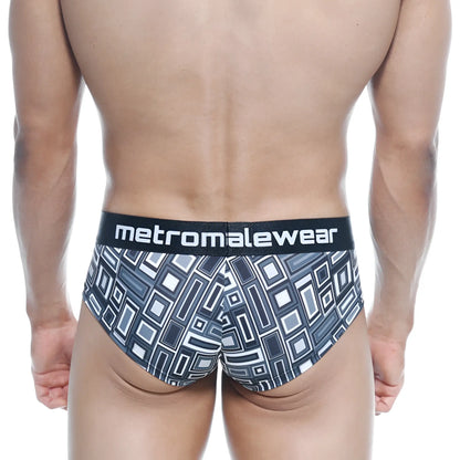 Black and white geometric-patterned men’s briefs with branded waistband metroMalewear mini cheek boxer Basalto 2025-23