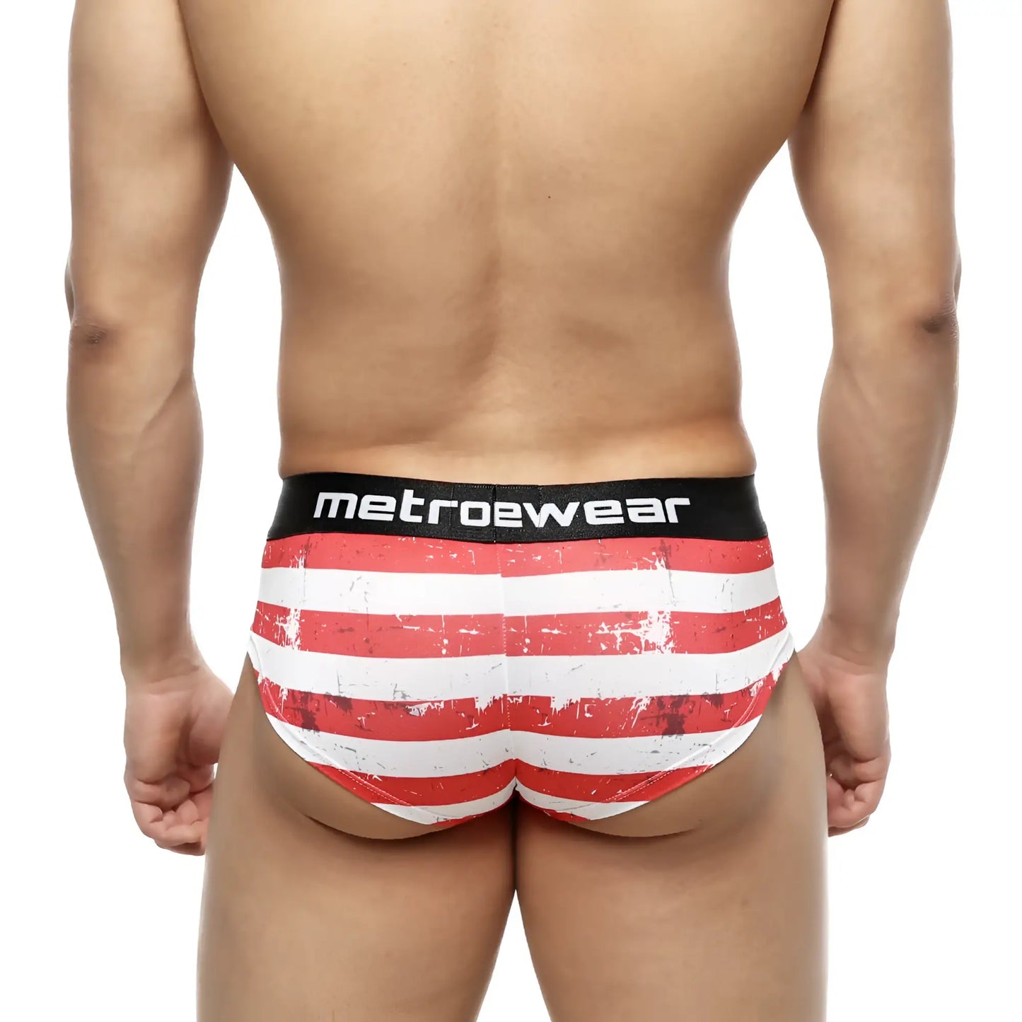 Red and white striped distressed men’s briefs with metroewear black waistband mini cheek boxer batalla 2025-92