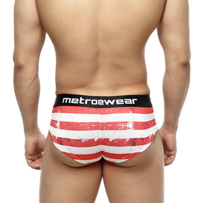 Red and white striped distressed men’s briefs with metroewear black waistband mini cheek boxer batalla 2025-92