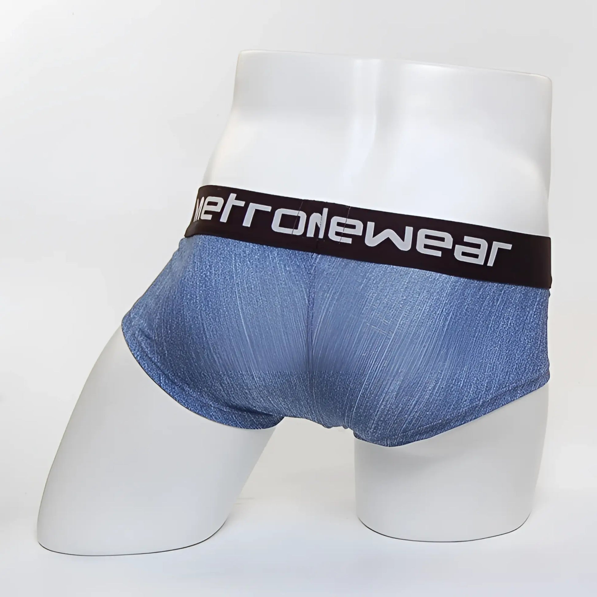 Blue denim textured men’s mini cheek boxer briefs with a black waistband featuring white metrowear branding