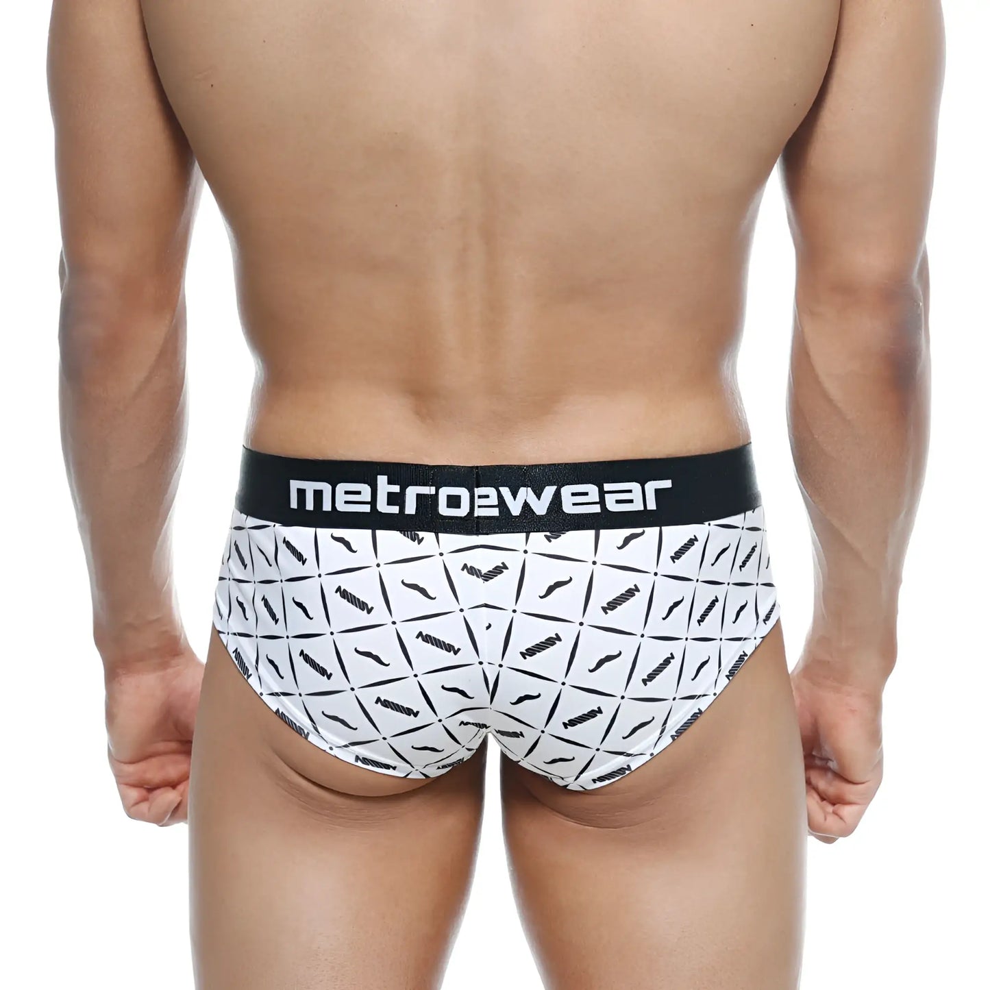White briefs with black mustache pattern and metrowear waistband from metromalewear mini cheek boxer caballero 2025-04