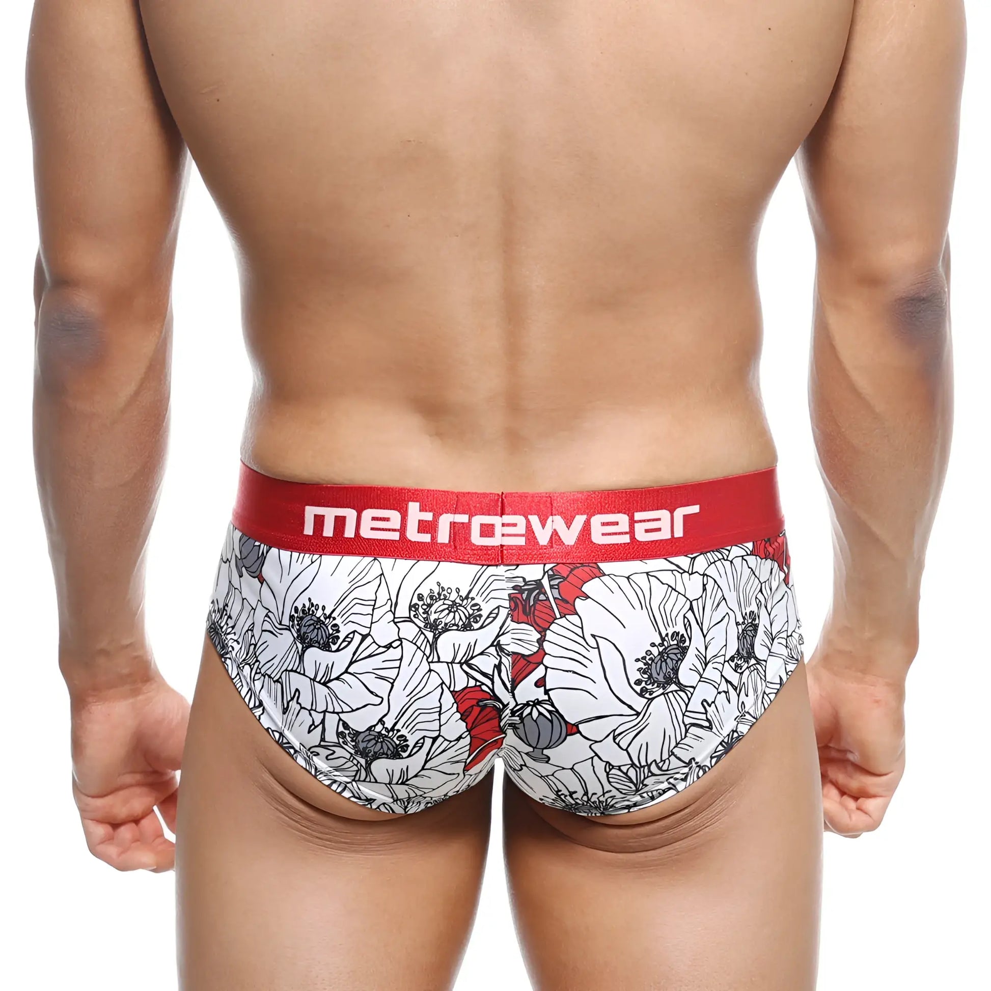 White and red floral patterned men’s mini cheek boxer briefs with bold red metrewear waistband metro malewear escobar 2025-03