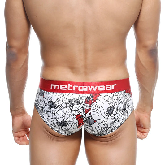 White and red floral patterned men’s mini cheek boxer briefs with bold red metrewear waistband metro malewear escobar 2025-03