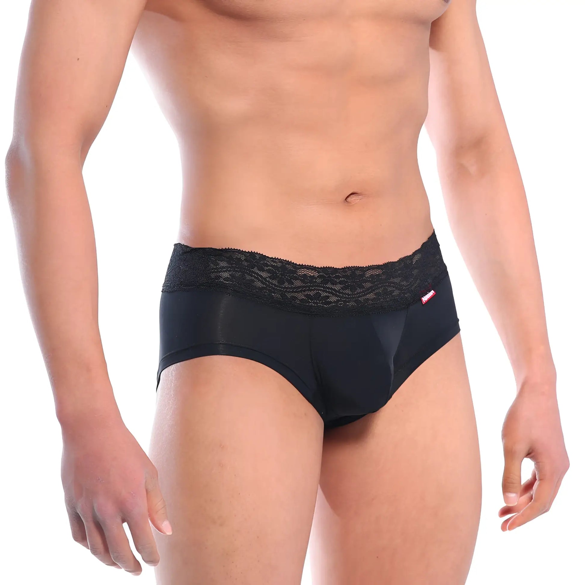 MetroMaleWear mini cheek boxer lace briefs in black with smooth fabric and black lace trim featuring a red brand tag