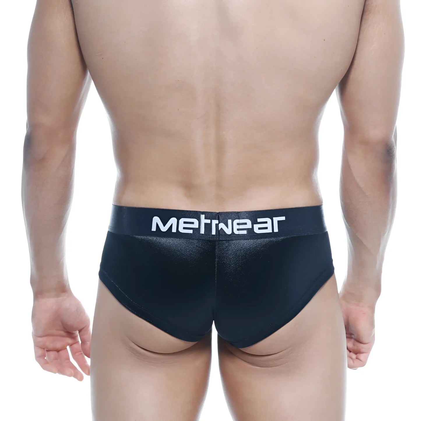 Black MetroMaleWear mini cheek boxer briefs with shiny textured fabric and white logo on waistband