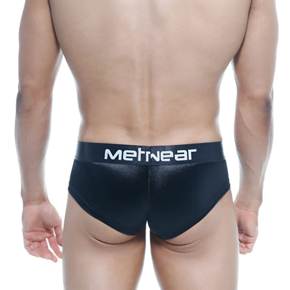 Black MetroMaleWear mini cheek boxer briefs with shiny textured fabric and white logo on waistband