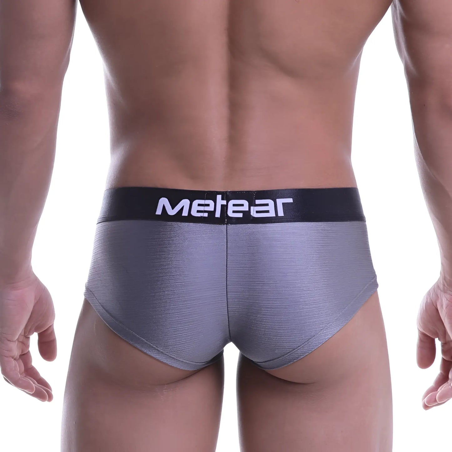 Gray metallic textured briefs with black waistband and metear logo by metromalewear mini cheek boxer metal gray 2025 09