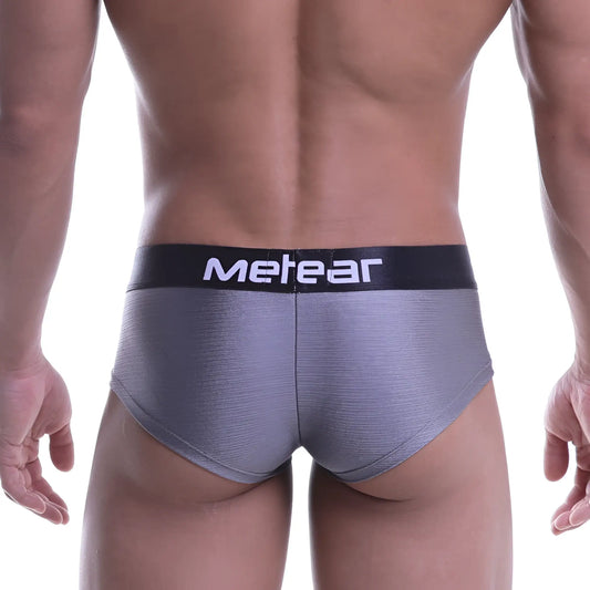 Gray metallic textured briefs with black waistband and metear logo by metromalewear mini cheek boxer metal gray 2025 09