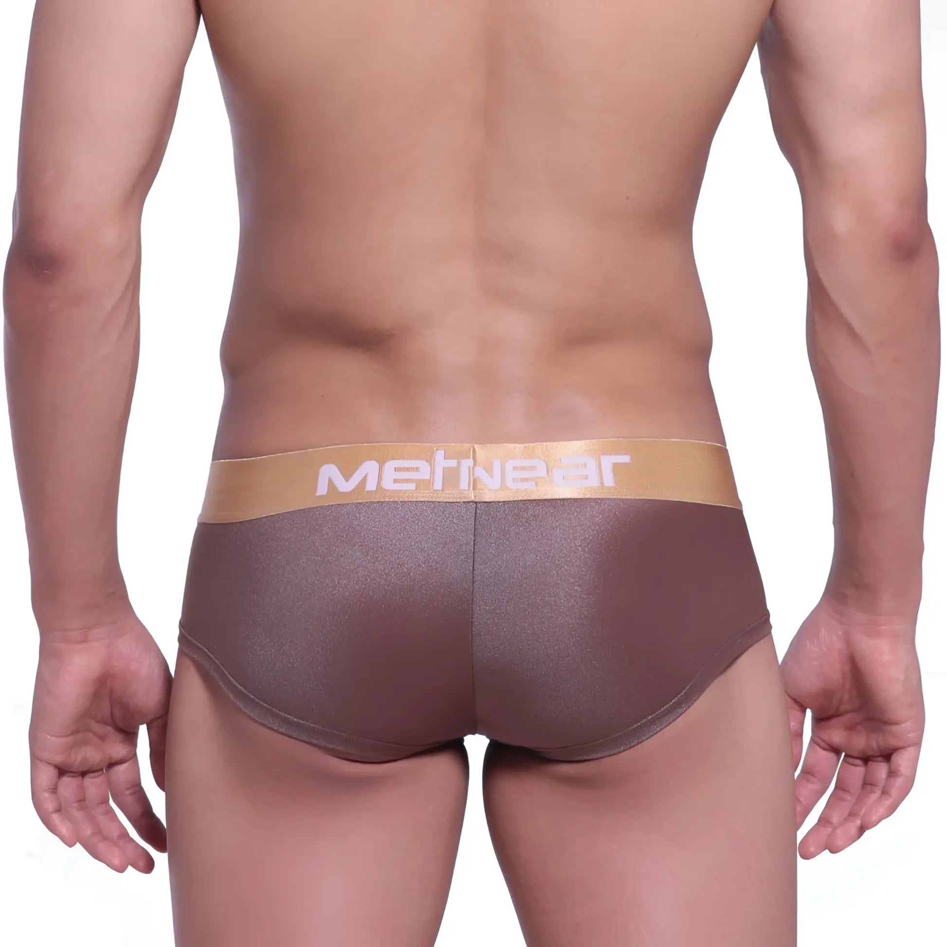 Brown metallic-textured men’s briefs with a tan metnear waistband from metroMalewear mini cheek boxer spark gold 2025-21
