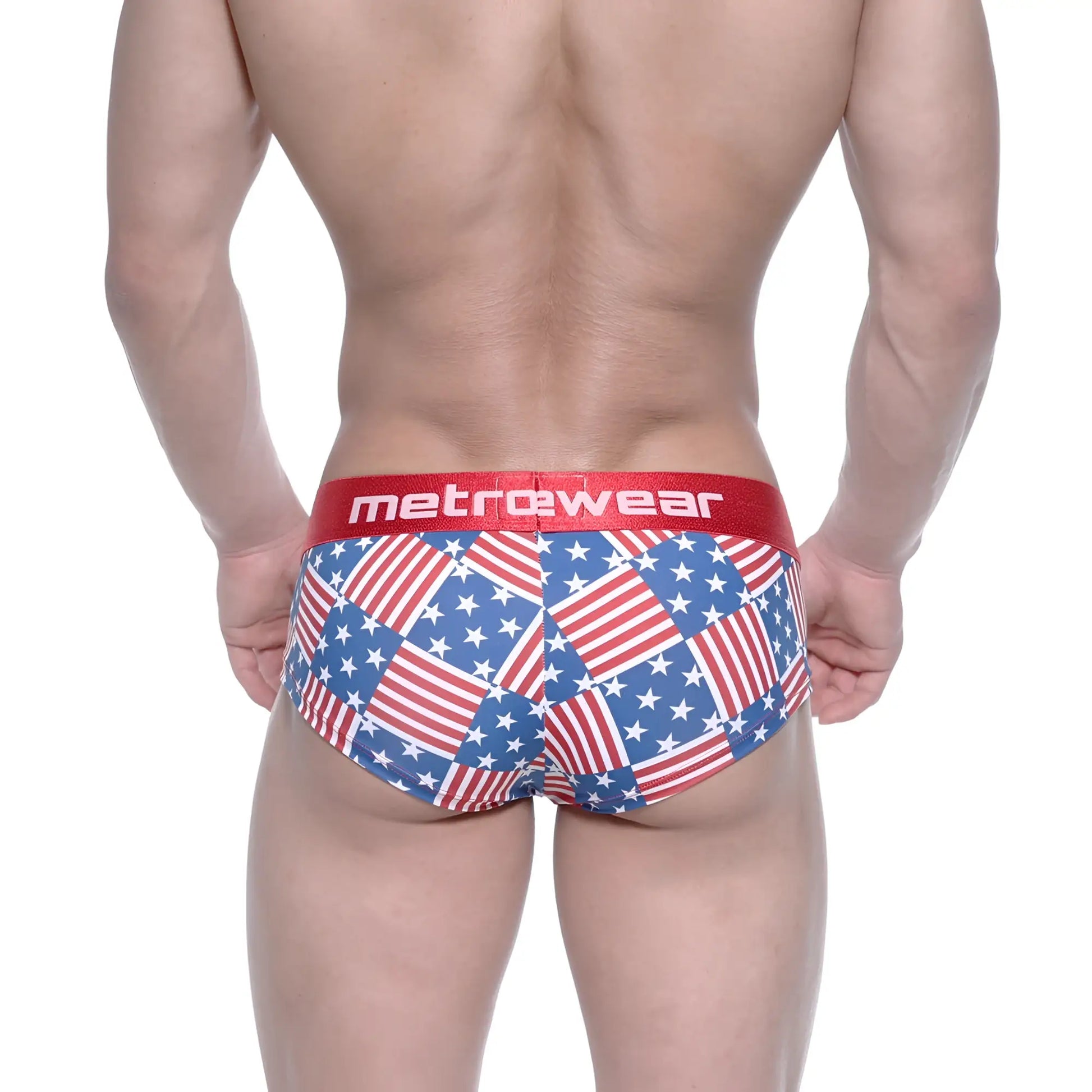 MetroMaleWear mini cheek boxer briefs in red white and blue american flag patchwork with red metrowear waistband