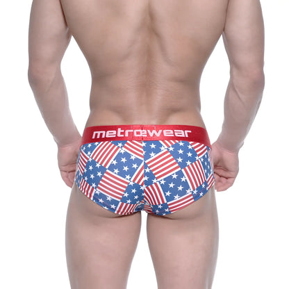 MetroMaleWear mini cheek boxer briefs in red white and blue american flag patchwork with red metrowear waistband