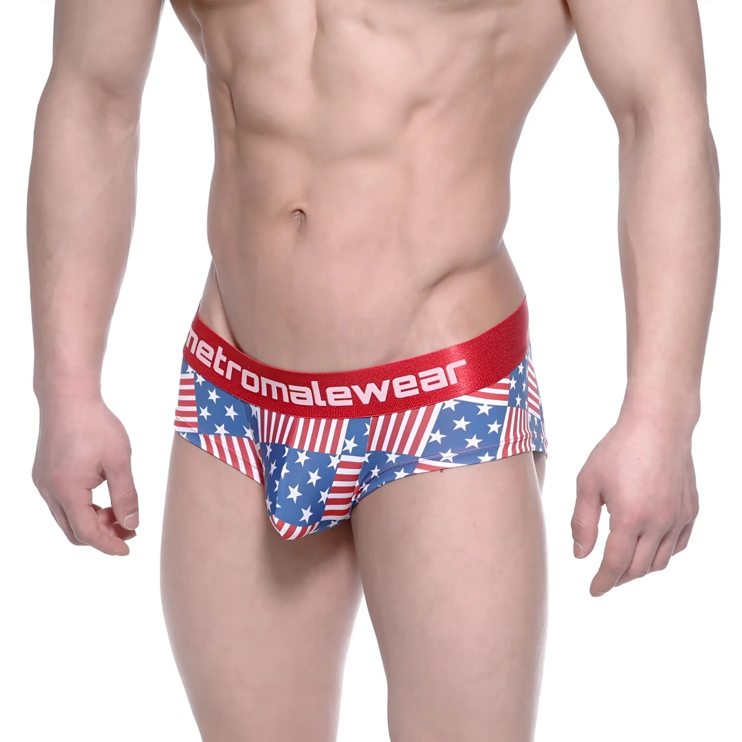 Red white and blue american flag patterned men’s briefs with red metromalewear waistband metroMalewear mini cheek boxer usa 2025-91
