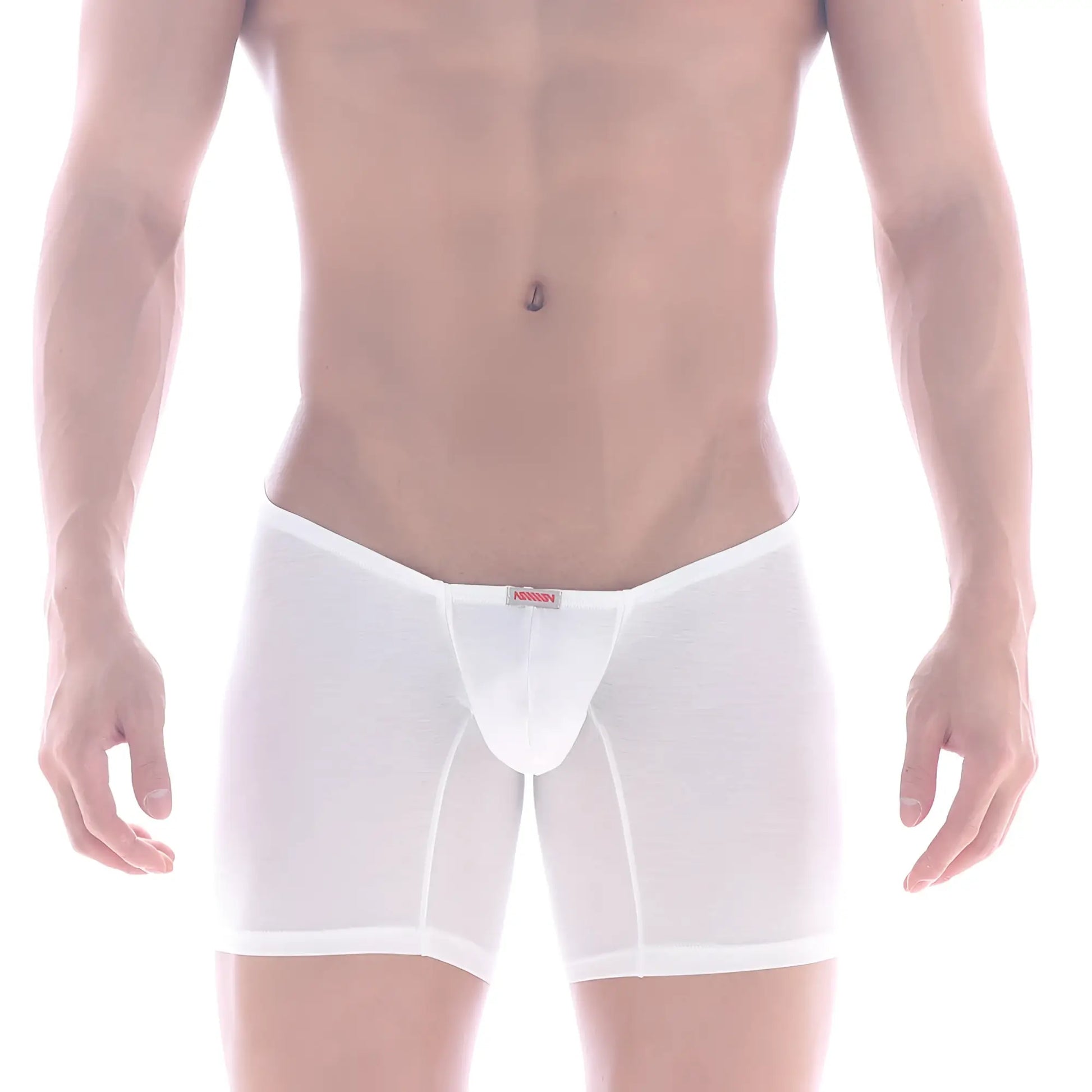 White sheer cotton boxer briefs with a red brand tag at the waistband metroMalewear minimo long boxer white 2034-01