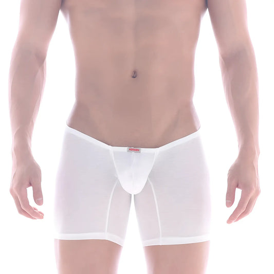 White sheer cotton boxer briefs with a red brand tag at the waistband metroMalewear minimo long boxer white 2034-01