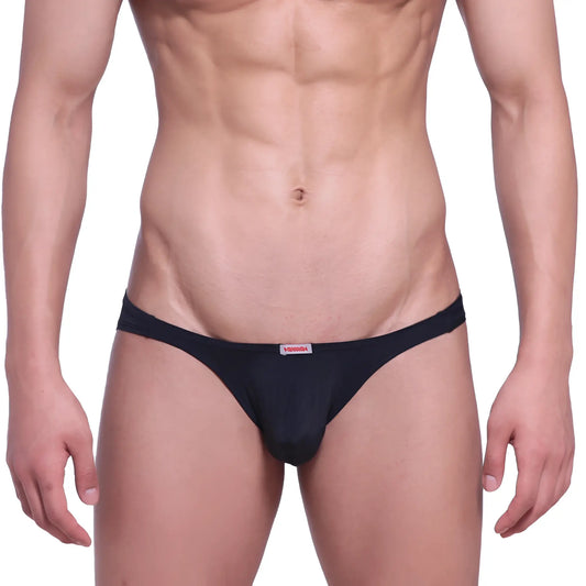 Black versace thong MetroMaleWear minimo hip brief with subtle red logo tag at the center of the waistband