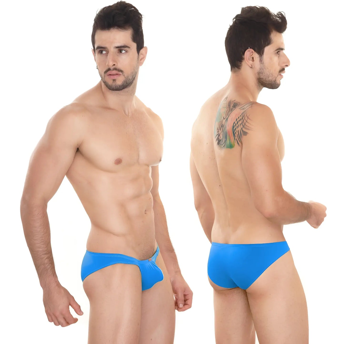 Bright blue form-fitting swim trunks by metromalewear with sleek modern design ideal for swimming and beachwear