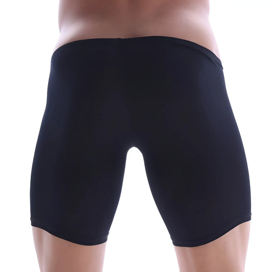 MetroMaleWear minimo long boxer black form-fitting swim trunks with smooth stretchy fabric and elastic waistband
