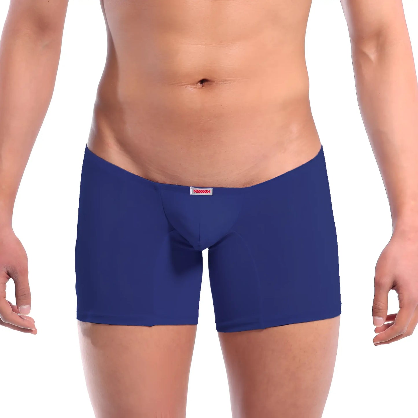 Navy blue men’s briefs by metromalewear minimo long boxer with subtle red and white brand tag on waistband