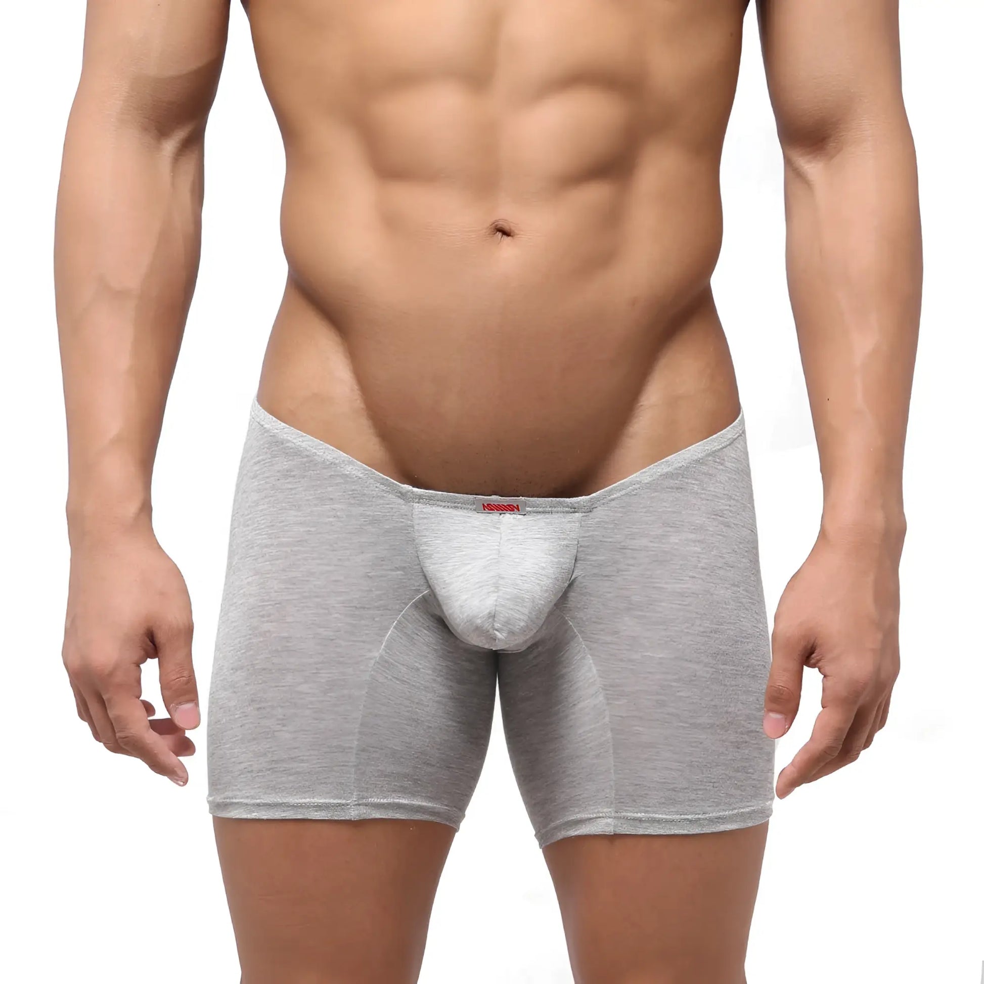 Gray heathered metroMalewear minimo long boxer briefs with supportive contoured pouch and elastic waistband