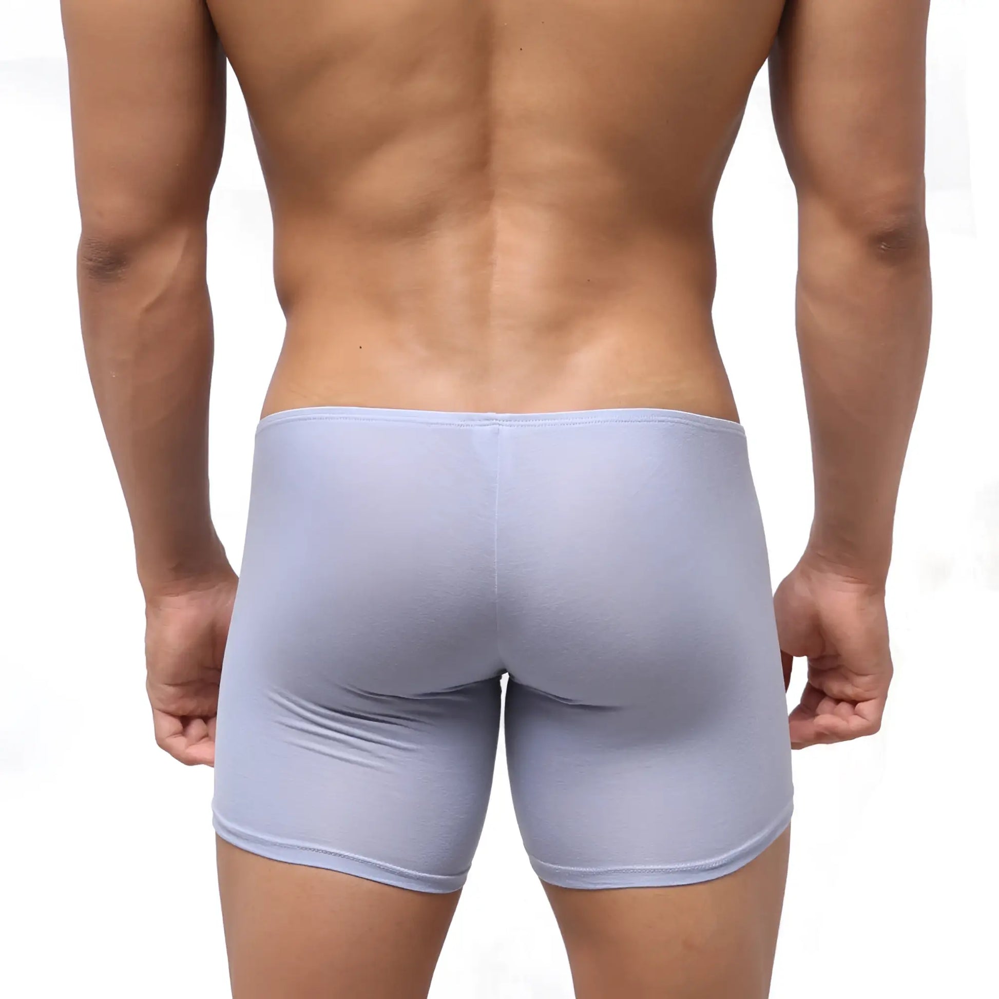 Light blue form-fitting men’s boxer briefs by MetroMaleWear Minimo Long Boxer lavender 2034-08 in soft stretch fabric
