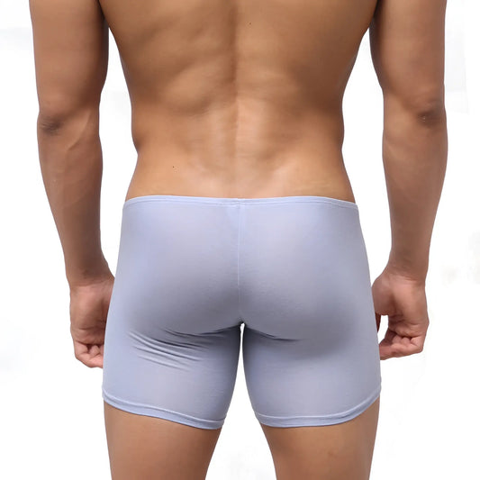 Light blue form-fitting men’s boxer briefs by MetroMaleWear Minimo Long Boxer lavender 2034-08 in soft stretch fabric