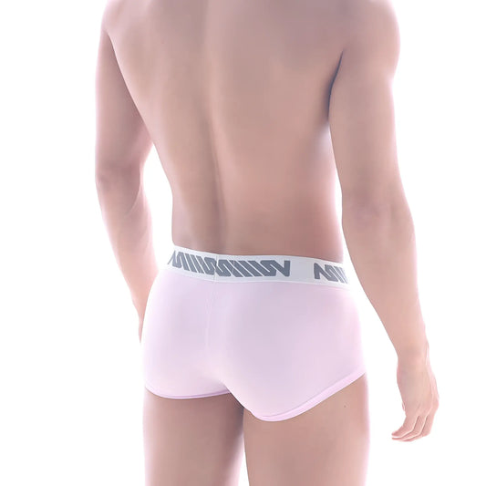 Light pink MetroMaleWear Minimo waistband boxer briefs with white elastic waistband and gray lettering