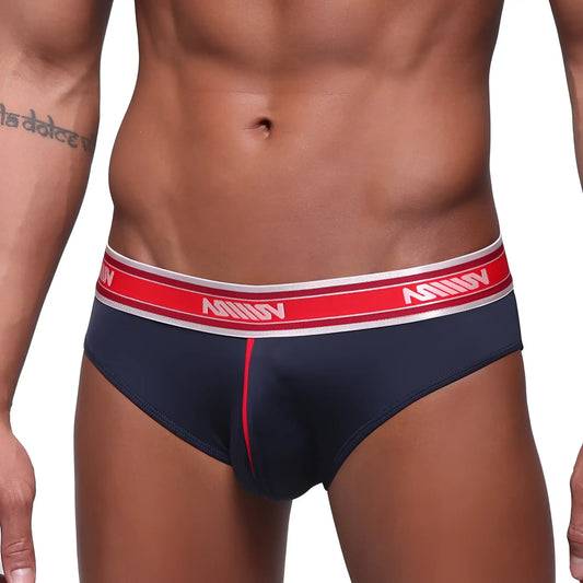 MetroMalewear mirage bikini dark blue briefs with red and white elastic waistband and anhuv logo