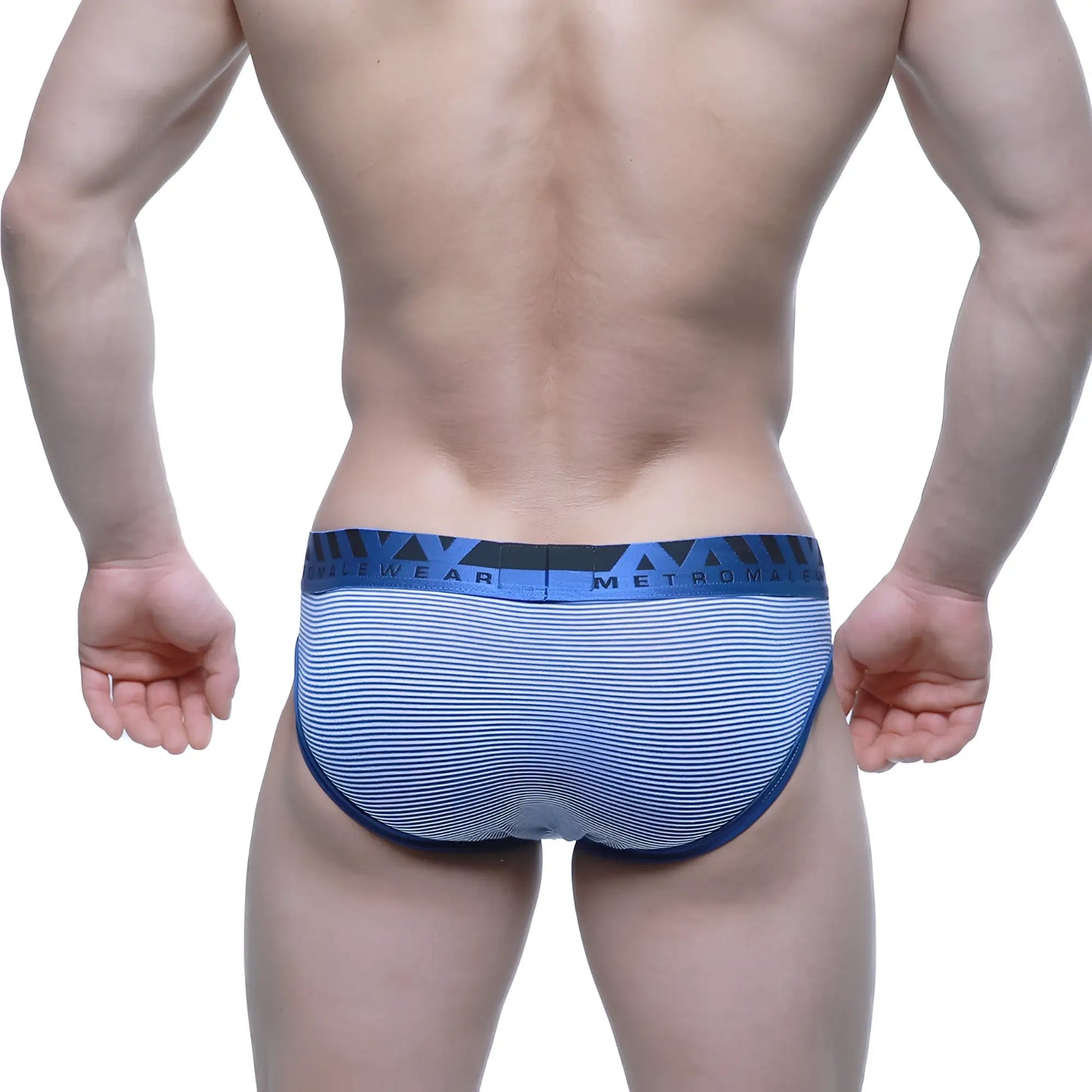 Blue and white striped men’s briefs with navy metroman waistband metro malewear miramar bikini blue 2803-42