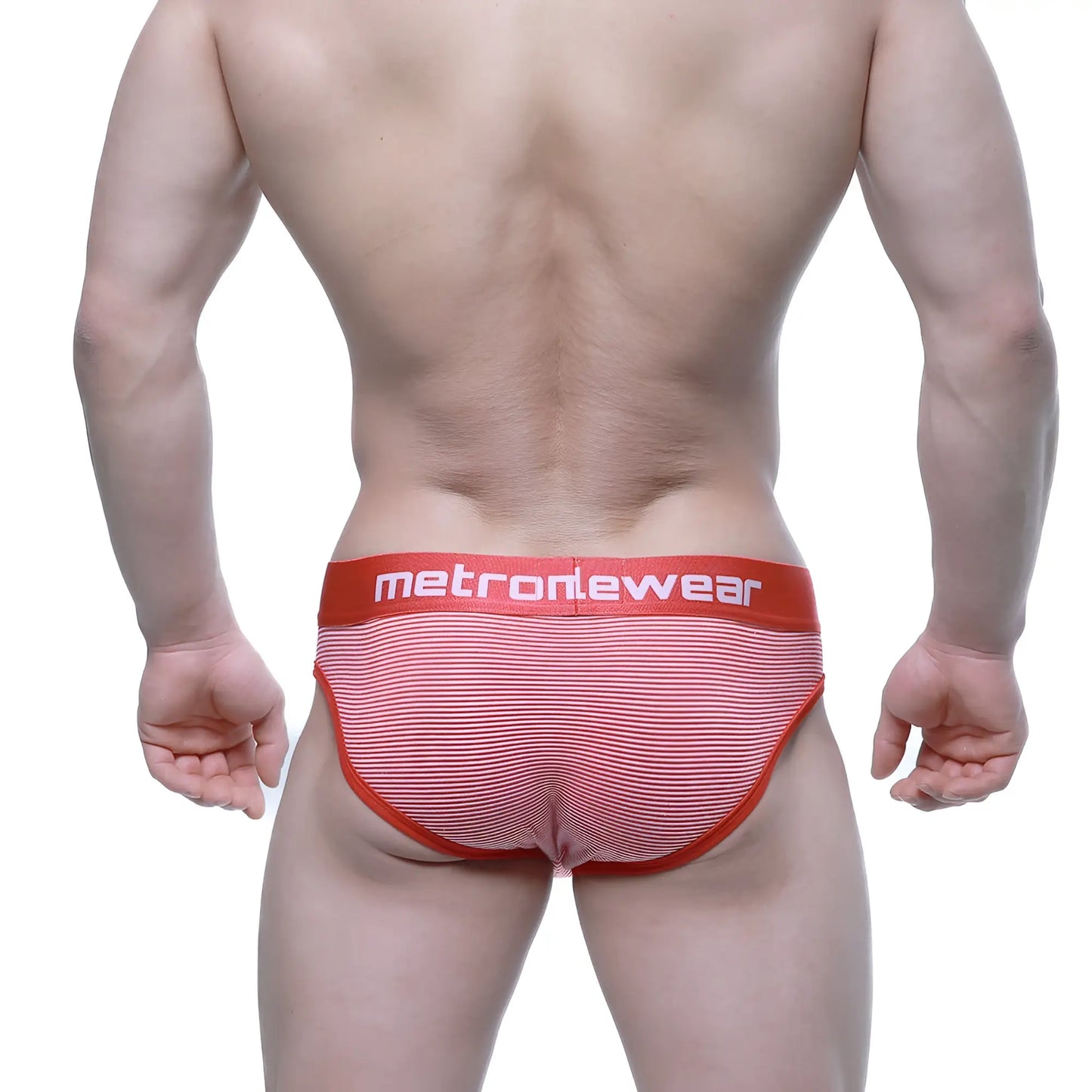 Red and white striped mens briefs with bold red metronewear waistband from metromalewear miramar bikini 2803-43