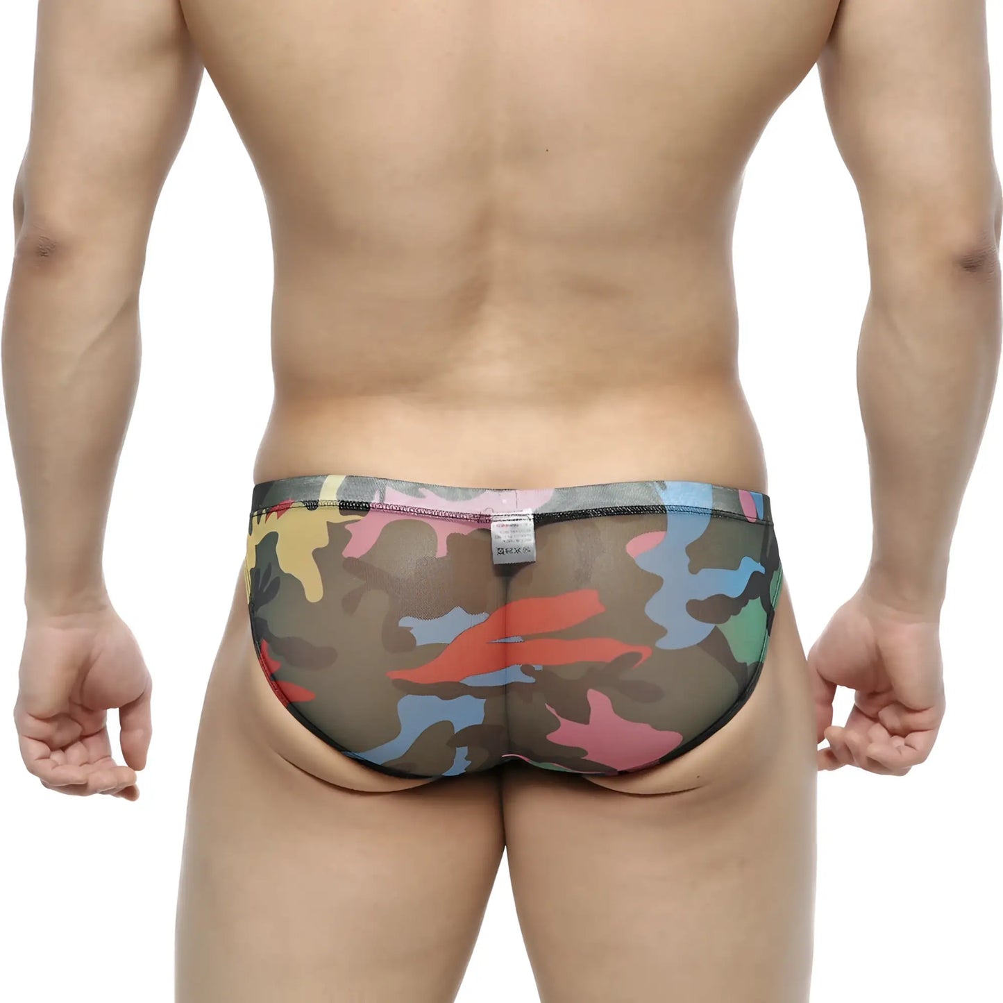 MetroMalewear mixtos bikini 5103-24 multicolored camouflage mesh briefs with sheer fabric and bold red blue green yellow pink splotches